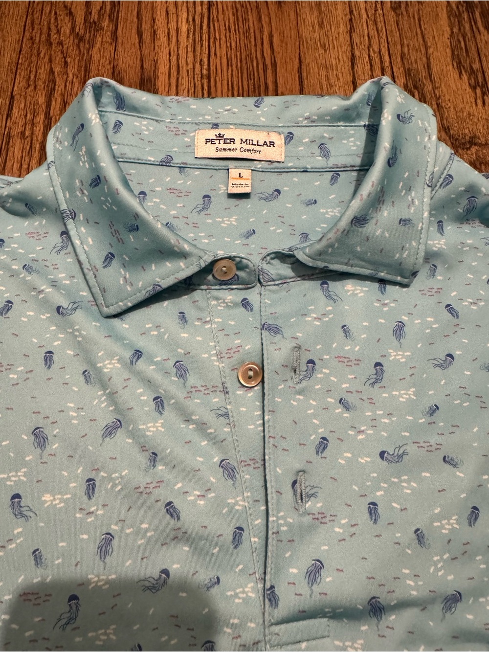 Peter Millar Men's Light Blue Polo with Navy Jellyfish Print
